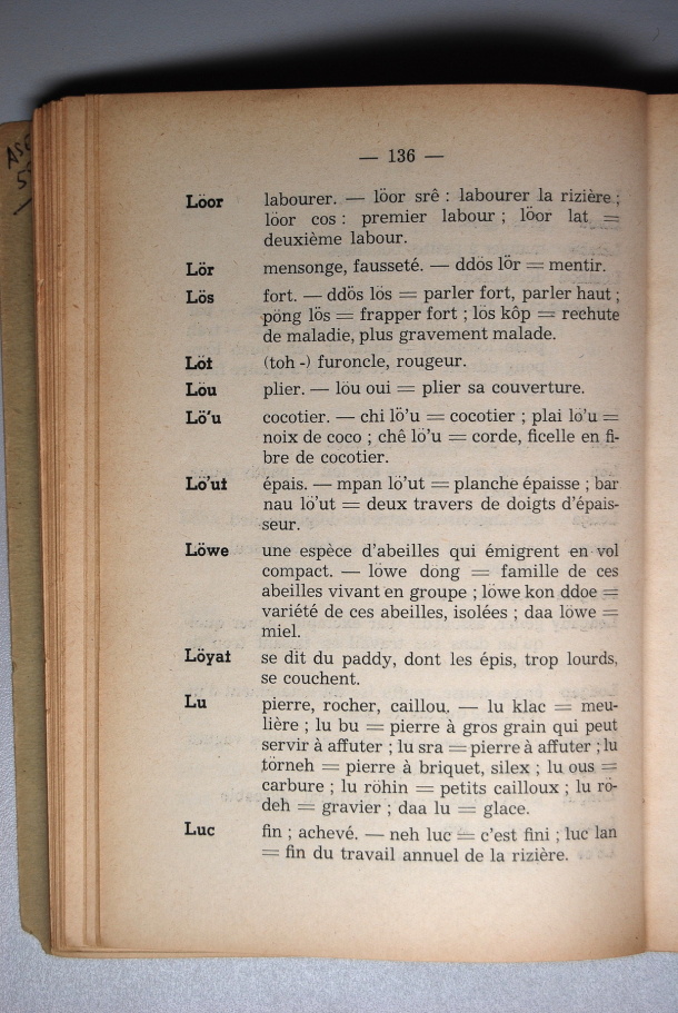 Dictionnaire Srê (Köho) - Français, Jacques Dournes / lettre L: lettre LU / Dournes, Jacques /  Viet Nam/ Viet Nam
