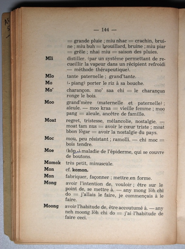 Dictionnaire Srê (Köho) - Français, Jacques Dournes / lettre M: lettre MO / Dournes, Jacques /  Viet Nam/ Viet Nam