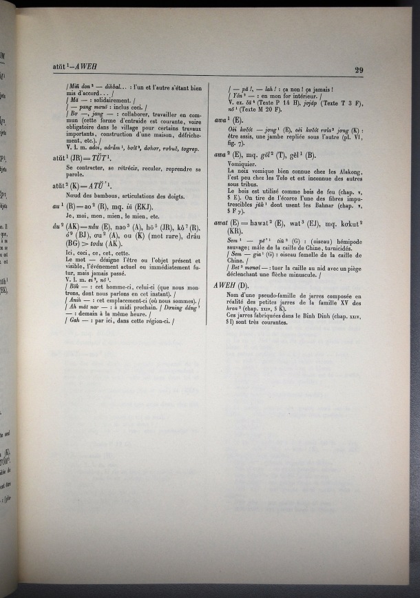Dictionnaire Bahnar-Français, Guilleminet (tome 1, A-K) / sous partie lettre A: lettre AW / Guilleminet, Paul /  Viet Nam/ Viet Nam
