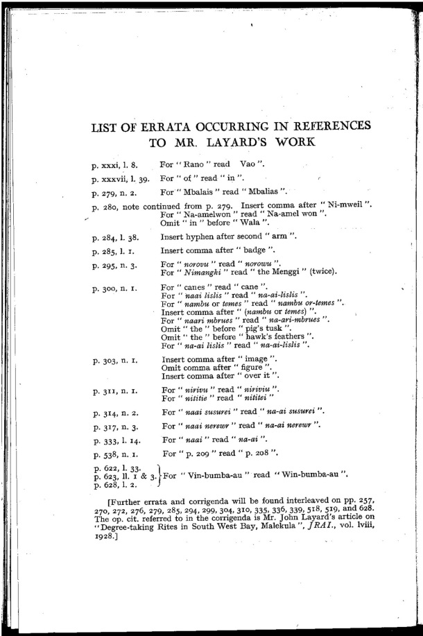 Deacon A.B., 1934. Malekula: A Vanishing People in the New Hebrides / List of errata occuring in references to Mr. Layard's work / Bernard A. Deacon / Vanuatu, Nouvelles-Hébrides, Malekula, South-West Bay