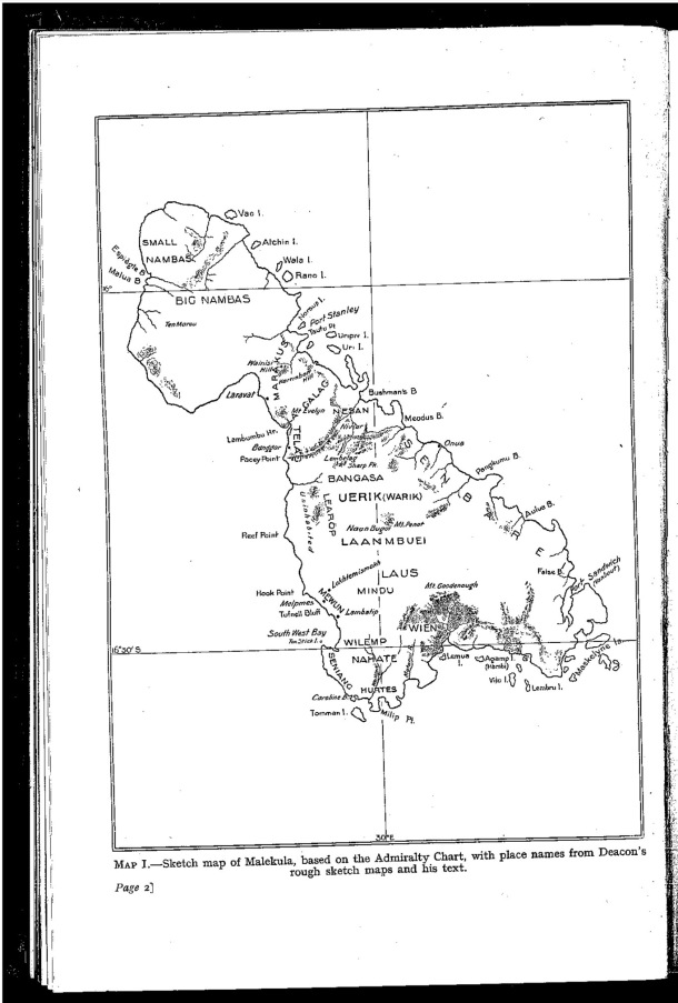 Deacon A.B., 1934. Malekula: A Vanishing People in the New Hebrides / Sketch map of Malekula / Bernard A. Deacon / Vanuatu, Nouvelles-Hébrides, Malekula, South-West Bay