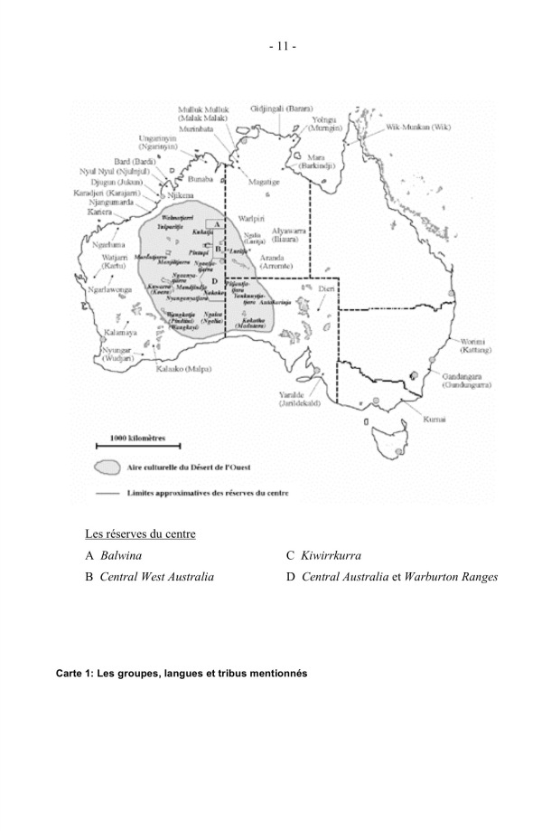 A la recherche des Aluridja: Parenté et Organisation Sociale chez les Ngaatjatjarra du Désert de l'Ouest Australien (Thèse EHESS) / Carte 1: Les groupes, langues et tribus mentionnés / Laurent Dousset / Australie, Désert de l'Ouest