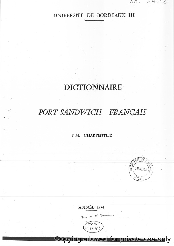 Dictionnaire Port-Sandwich - Français / Dictionnaire Port-Sandwich - Français / Charpentier, Jean-Michel / Vanuatu, Nouvelles-Hébrides, Malekula, Port Sandiwch, Lamap