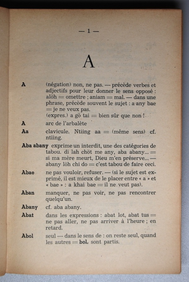 Dictionnaire Srê (Köho) - Français, Jacques Dournes / lettre A / Dournes, Jacques /  Viet Nam/ Viet Nam