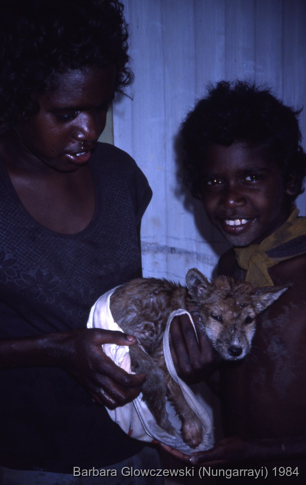 Fieldwork, Lajamanu 1984 / Rosilyn Burns Nampijinpa with boy and little dog / Barbara Glowczewski / Lajamanu, Tanami Desert, Central Australia, NT