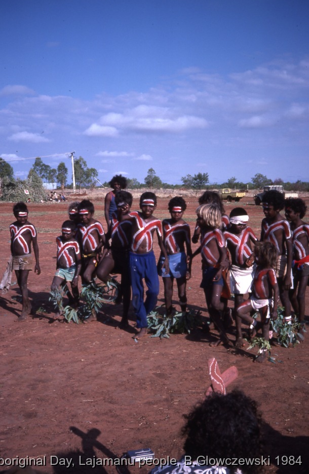 NAIDOC: National Aboriginal Day, Lajamanu and Katherine, 1984 (photos) / boys painted WARLU (Fire)/PIRNTINA dance Jurntu; Children and adults celebrate the end of School / Barbara Glowczewski / Lajamanu, Tanami Desert, Central Australia, NT