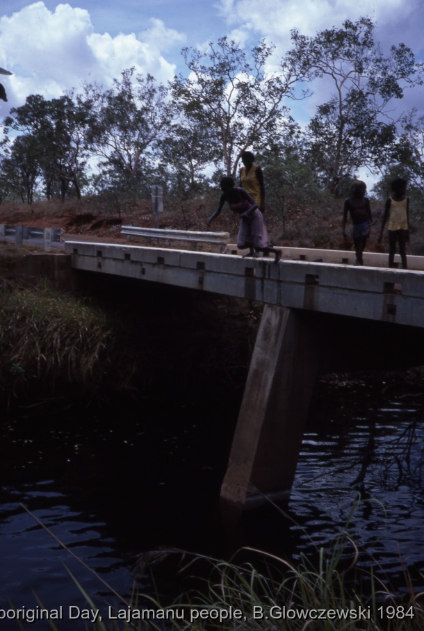 NAIDOC: National Aboriginal Day, Lajamanu and Katherine, 1984 (photos) / Boys jump in Katherine river / Barbara Glowczewski / Mimi arts, streets and park of Katherine, NT