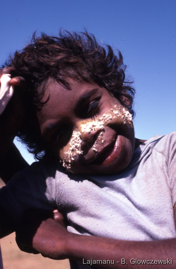 School 2 / Owen Jungarrayi painted with wild cotton stuck to his skin like men do.  / Barbara Glowczewski / School, Lajamanu, Tanami Desert, Central Australia