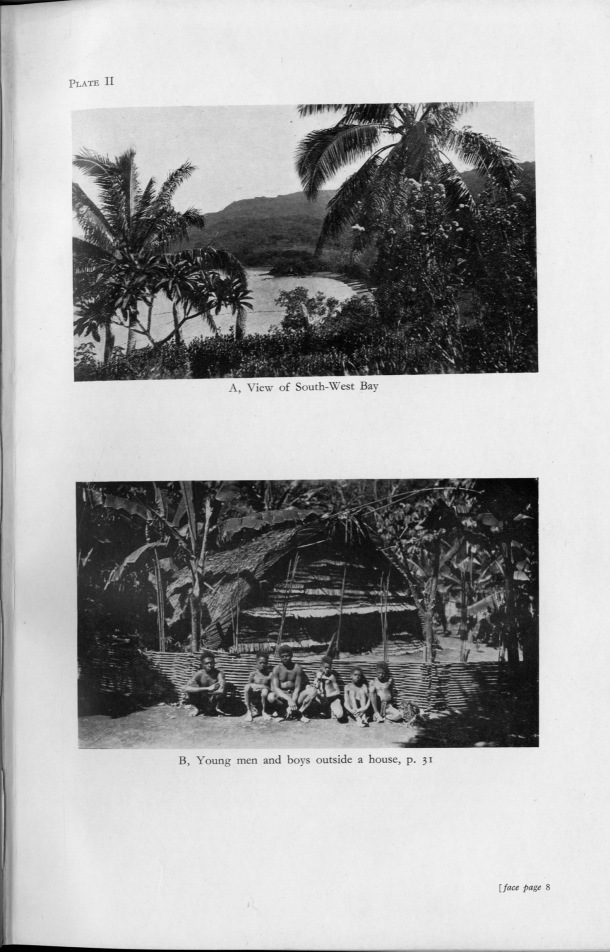 Deacon A.B., 1934. Malekula: A Vanishing People in the New Hebrides / View of South-West Bay; Young men and boys outside a house / Bernard A. Deacon / Vanuatu, Nouvelles-Hébrides, Malekula, South-West Bay