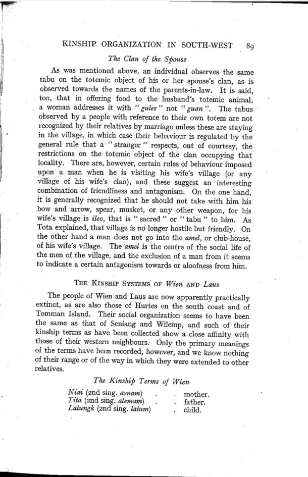 Deacon A.B., 1934. Malekula: A Vanishing People in the New Hebrides / The Clan of the Spouse. The Kinship Systems of Wien and Laus. The Kinship Terms of Wien / Bernard A. Deacon / Vanuatu, Nouvelles-Hébrides, Malekula, South-West Bay