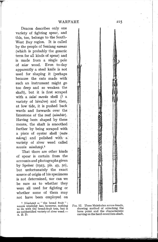 Deacon A.B., 1934. Malekula: A Vanishing People in the New Hebrides / Three Malekulan arrow-heads showing methods of attaching the bone point and the charactersitic carving on the hard-wood fore-shaft / Bernard A. Deacon / Vanuatu, Nouvelles-Hébrides, Malekula, South-West Bay