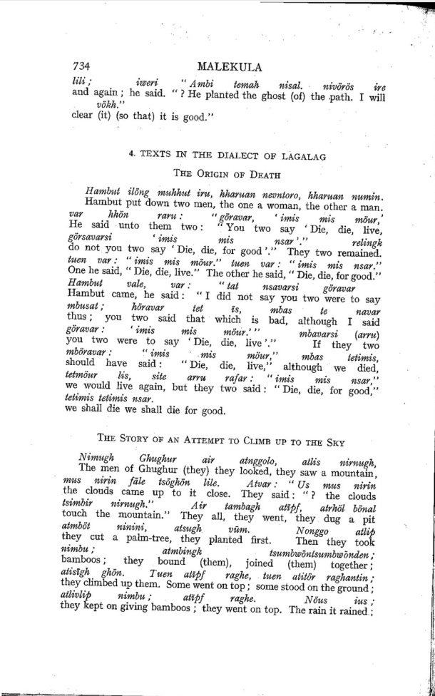 Deacon A.B., 1934. Malekula: A Vanishing People in the New Hebrides / Texts in the dialect of Lagalag. The origin of death. The story of an attempt to climb up to the sky / Bernard A. Deacon / Vanuatu, Nouvelles-Hébrides, Malekula, South-West Bay