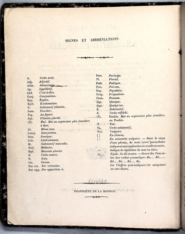 Dictionnaire Annamite-Français, par J.F.M. Génibrel / Signes et Abréviations / Génibrel, J.F.M. /  Viet Nam/ Viet Nam
