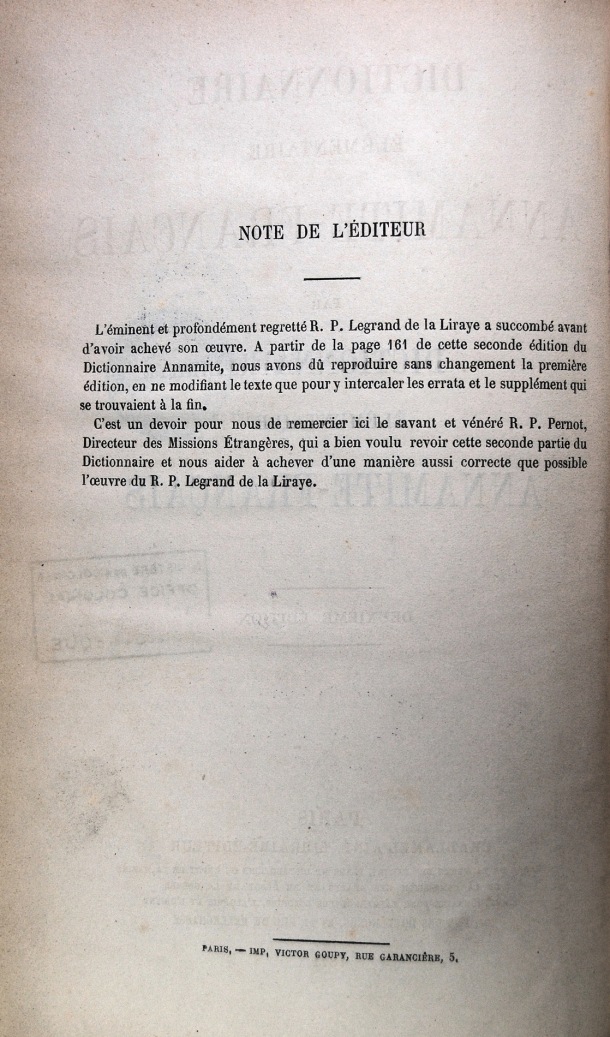 Dictionnaire Elémentaire Annamite-Français, Legrand de la Liraye / note de l'éditeur / Legrand de la Liraye /  Viet Nam/ Viet Nam