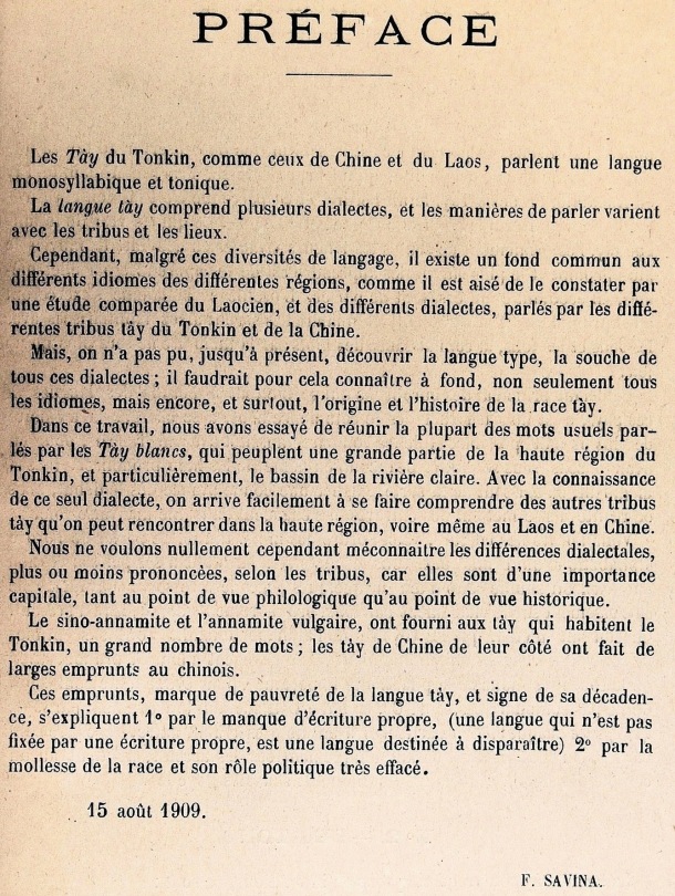 Dictionnaire Tay-Annamite-Français, F.M. Savina / Préface / F.M. Savina / Viet Nam