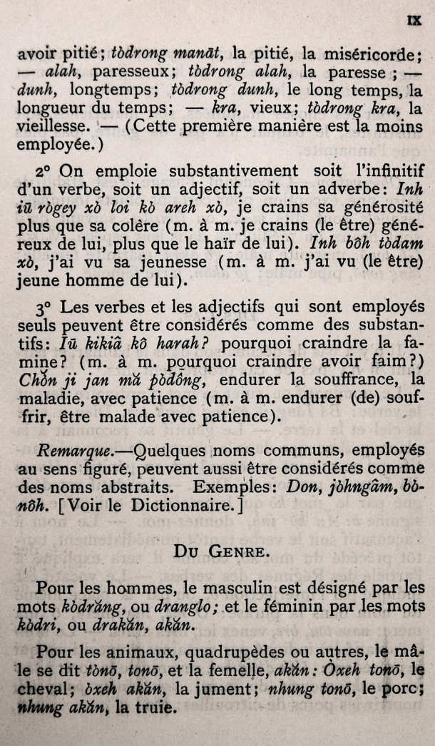 Dictionnaire Bahnar-Français, P.X. Dourisboure / notions de grammaire. partie I:1.2 Du genre / Dourisboure, P.X. /  Viet Nam/ Viet Nam