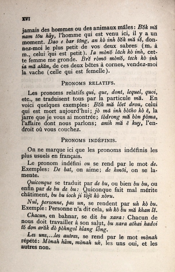 Dictionnaire Bahnar-Français, P.X. Dourisboure / notions de grammaire. partie I:3.5 pronoms relatifs, 3.6pronoms indéfinis / Dourisboure, P.X. /  Viet Nam/ Viet Nam