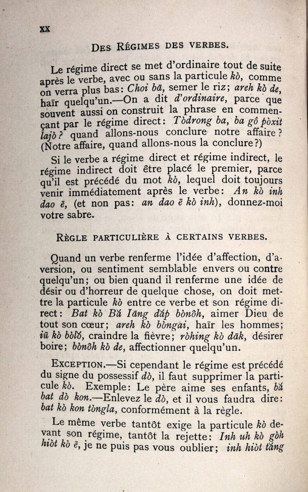 Dictionnaire Bahnar-Français, P.X. Dourisboure / notions de grammaire.  partie I:4.2 des régimes des verbes, 4.3règles particulières / Dourisboure, P.X. /  Viet Nam/ Viet Nam