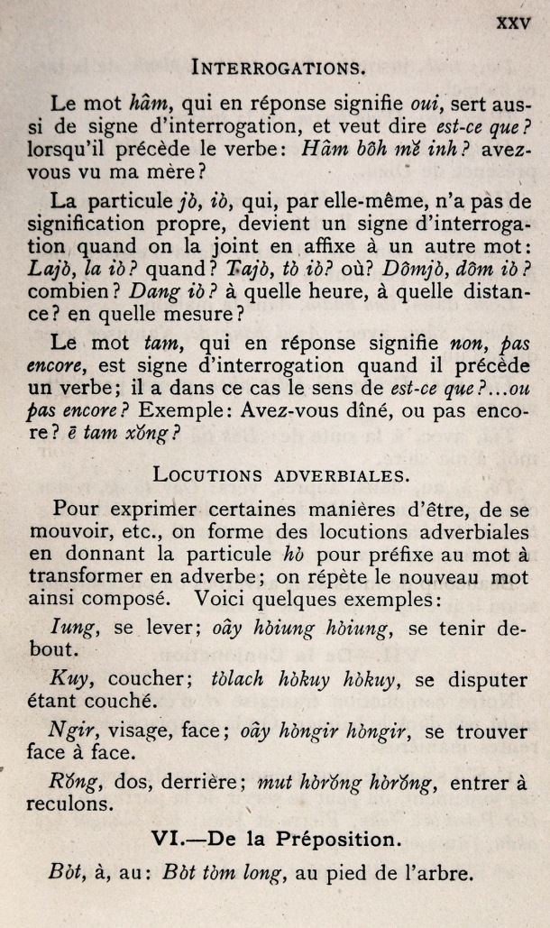 Dictionnaire Bahnar-Français, P.X. Dourisboure / notions de grammaire.  partie I:5.6.interrogations. 5.7.locutions adverbiales.  partie I:6. de la préposition / Dourisboure, P.X. /  Viet Nam/ Viet Nam