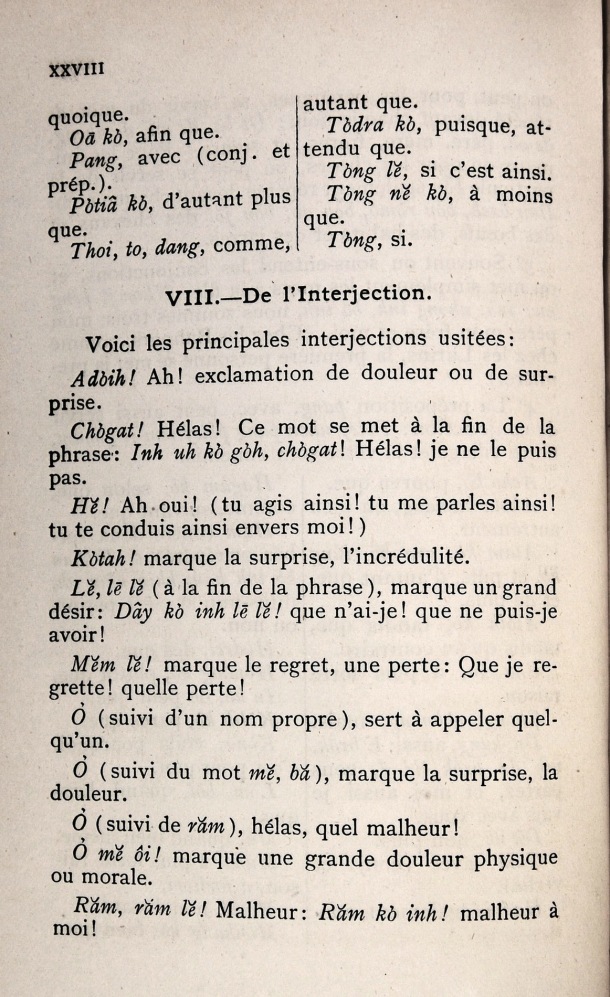 Dictionnaire Bahnar-Français, P.X. Dourisboure / notions de grammaire. partie I: 8.de l'interjection / Dourisboure, P.X. /  Viet Nam/ Viet Nam