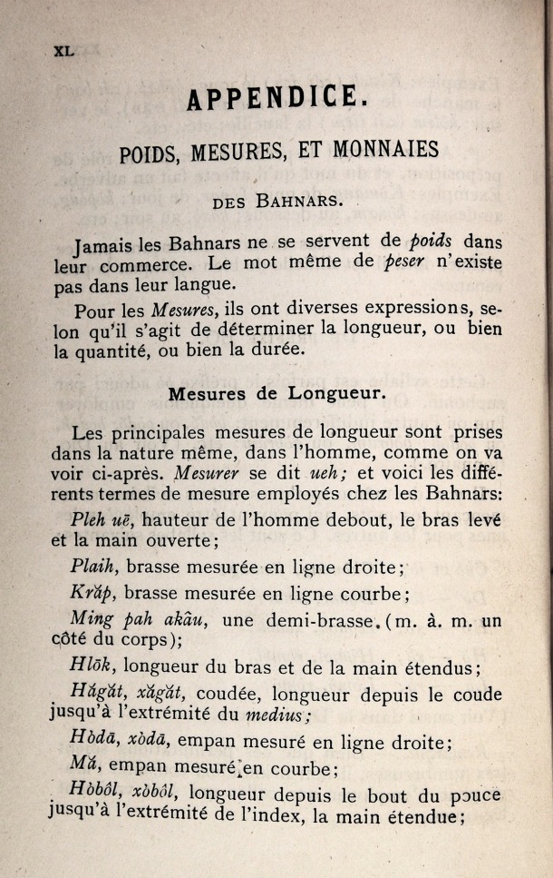 Dictionnaire Bahnar-Français, P.X. Dourisboure / Appendice. Poids, mesure et monnaies des Bahnars. 1.1.mesures de longueur / Dourisboure, P.X. /  Viet Nam/ Viet Nam