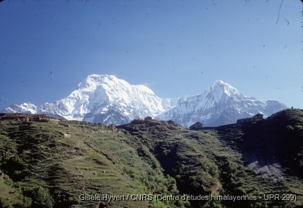 Vallée de Kathmandu c.1972-1975 / Vue des sommets de l'Annapurna Sud (à g.) et de l'Hiunchuli (à dr.). Prise de vue depuis Ghandruk (?).  / Hyvert, Gisèle  / Région de Pokhara (Kaski district), Népal 