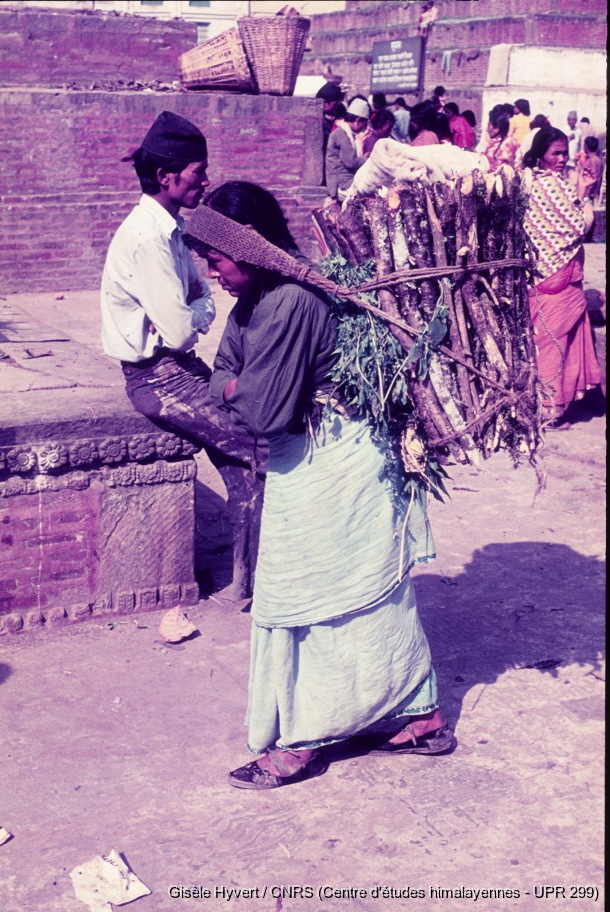 Vallée de Kathmandu non date  c.1970-1975 / Porteuse de bois devant les gradins du temple de Trailokya Mohan.  / Hyvert, Gisèle  / Kathmandu, Durbar square (Kathmandu district), Népal 