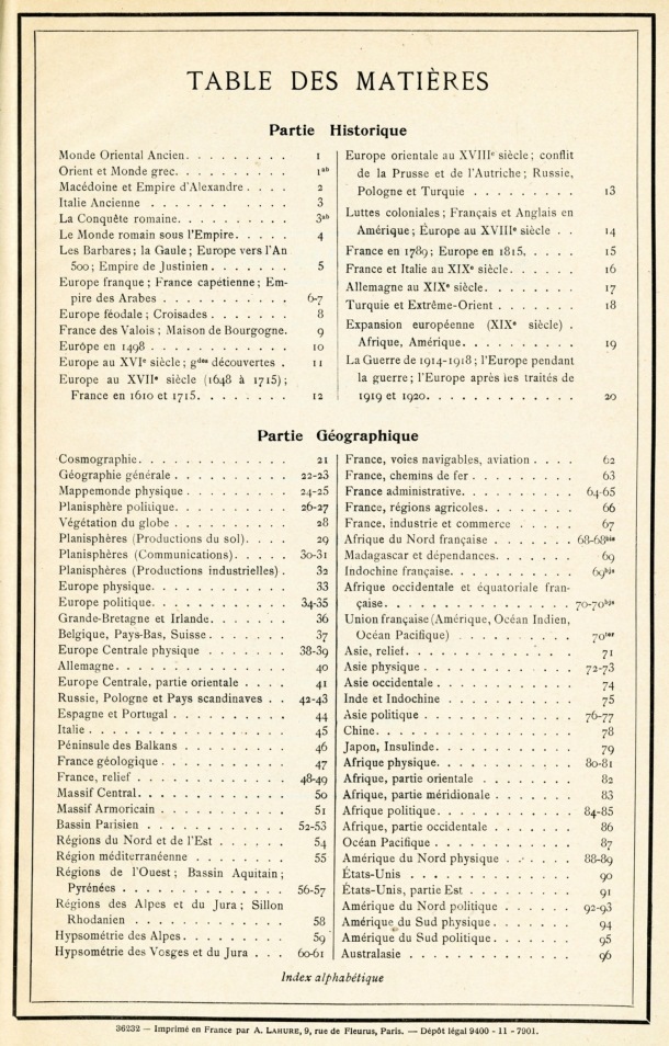 Atlas Classique de Géographie Ancienne et Moderne, Schrader et Gallouèdec / Table des Matières / Gallouèdec, Louis; Schrader, Franz / 