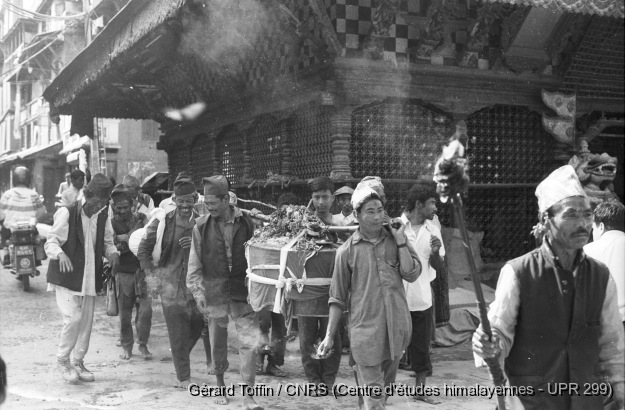 Indra Jatra à Kathmandu (1995) / Indra Jatra : les Putuwâr d'Halchok arrivent dans le quartier de Kilagal, portant le coffre rituel contenant les masques de divinités
  / Toffin, Gérard  / Kathmandu (Kathmandu district), Népal 