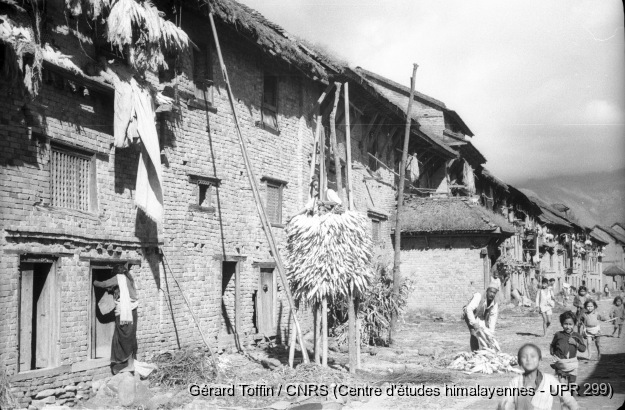 Kun pyaakhan, un théâtre disparu (1971-1975)  / Rue unique de Pyangaon, avec enfants et séchage de branchages et diverses denrées : piments ou haricots sur des nattes, maïs. On retrouve ce type de séchage du maïs, qui n'est pas seulemet newar, ailleurs dans les collines du Népal
  / Toffin, Gérard  / Pyangaon (Lalitpur district), Népal 