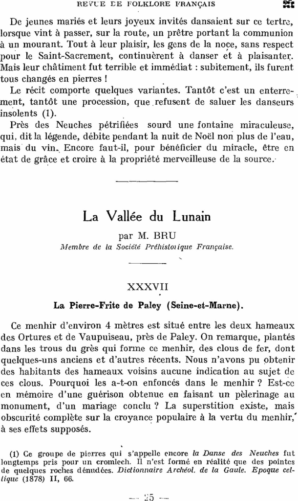 Corpus du folklore préhistorique en France et dans les colonies françaises, par Pierre Saintyves / La Vallée du Lunain / M. Bru / France, Lunain