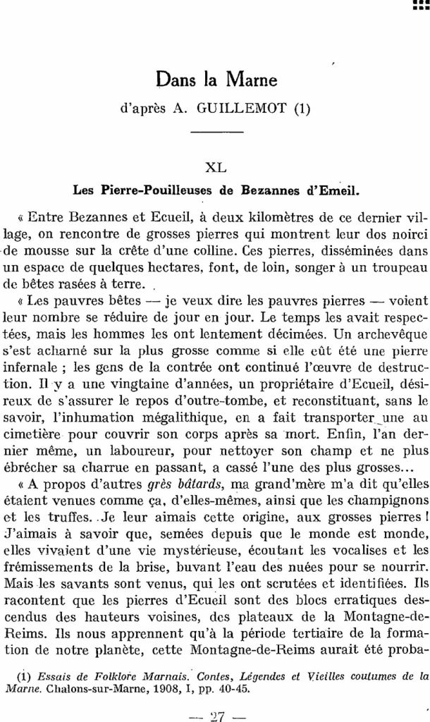 Corpus du folklore préhistorique en France et dans les colonies françaises, par Pierre Saintyves / Dans la Marne / A. Guillemot / France, Marne