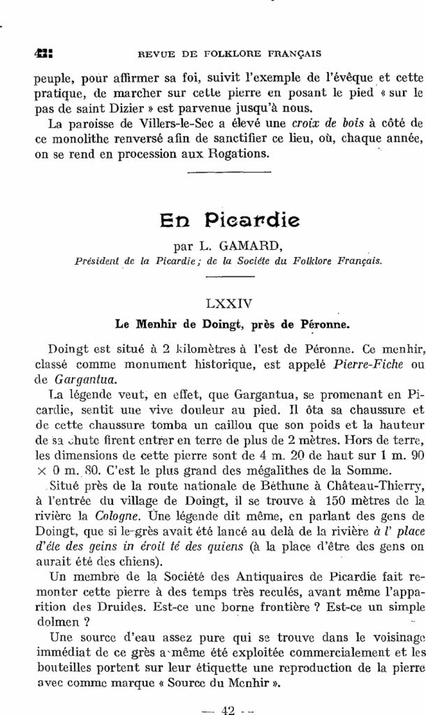 Corpus du folklore préhistorique en France et dans les colonies françaises, par Pierre Saintyves / En Picardie / L. Gamard / France, Picardie