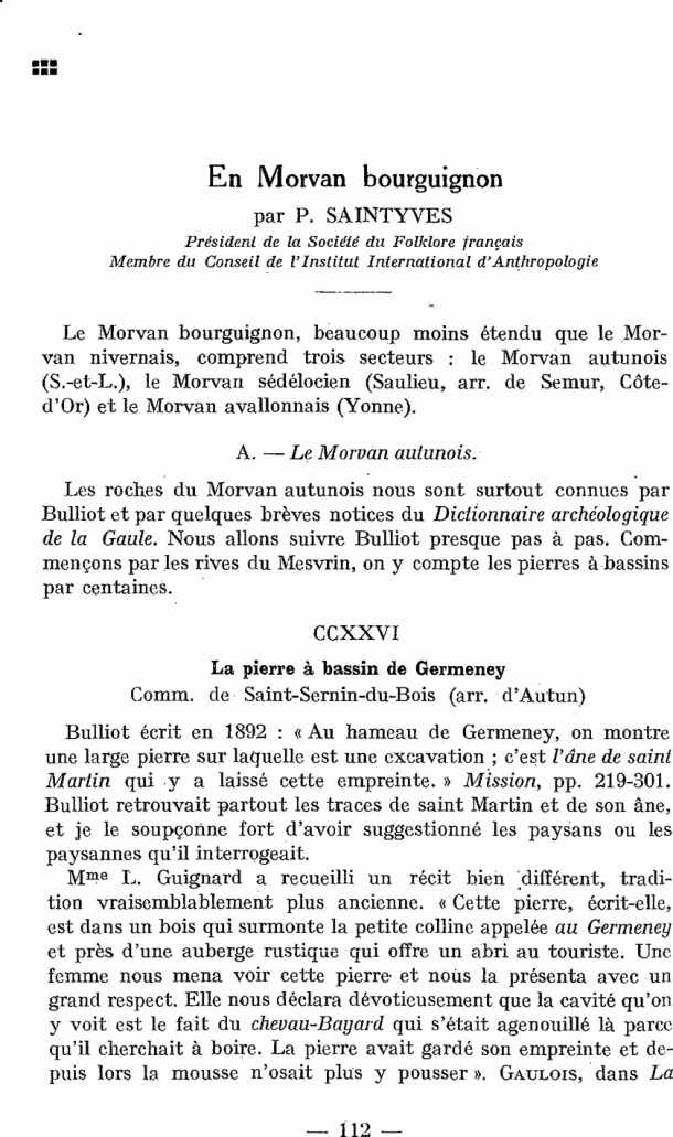 Corpus du folklore préhistorique en France et dans les colonies françaises, par Pierre Saintyves / En Morvan bourguignon / P. Saintyves / France, Morvan, Bourgogne