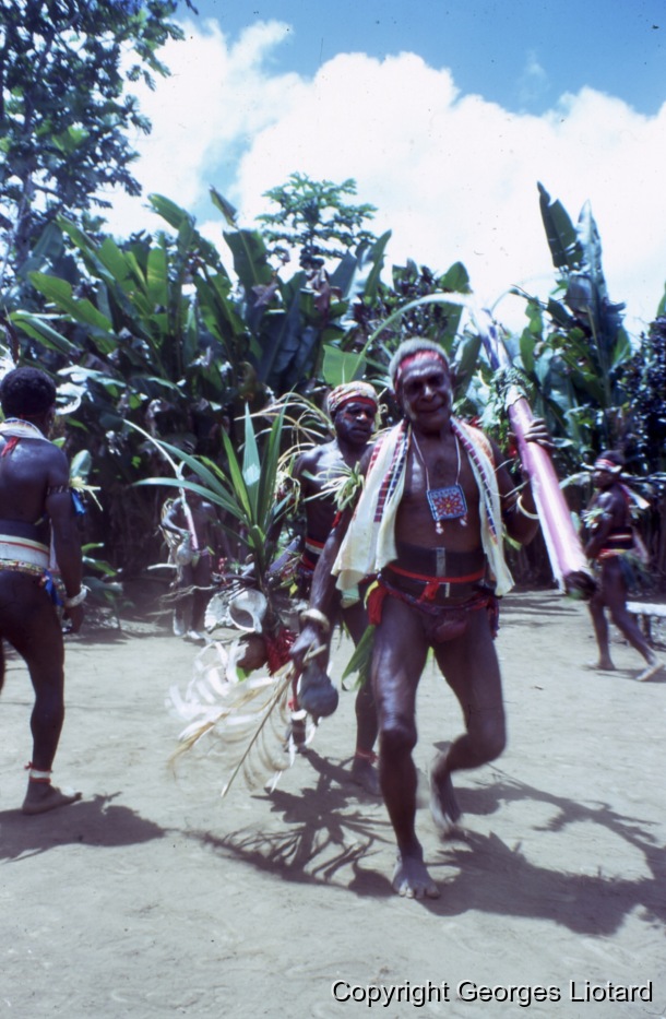 Funérailles à  Malakula (Malekula, Mallicolo) Vanuatu / Chef Mweleun: Le chef Mweleun et les hommes dansent en portant coquillages, coco germés et fleurs rouges / Liotard, Georges / Lamap, Malekula, Vanuatu