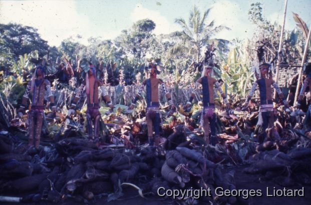 Funérailles à  Malakula (Malekula, Mallicolo) Vanuatu / Rhambaramp présenté sur le Nasara. 5 des 7 Rhambaramps / Liotard, Georges / Lamap, Malekula, Vanuatu