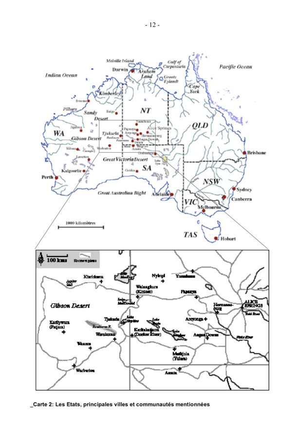 A la recherche des Aluridja: Parenté et Organisation Sociale chez les Ngaatjatjarra du Désert de l'Ouest Australien (Thèse EHESS) / Carte 2: Les Etats, principales villes et communautés mentionnées / Laurent Dousset / Australie, Désert de l'Ouest