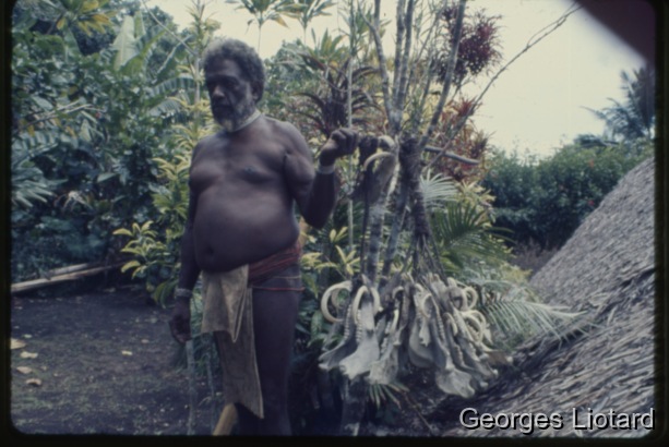 Ilôt  MALO / Le vieil homme présente une partie des machoires de cochons qu'il a sacrifiés tout au long de sa vie pour gravir les échelons de la société / Georges Liotard / Villages d'Abunaress et de Narombe - Ile Malo - Vanuatu